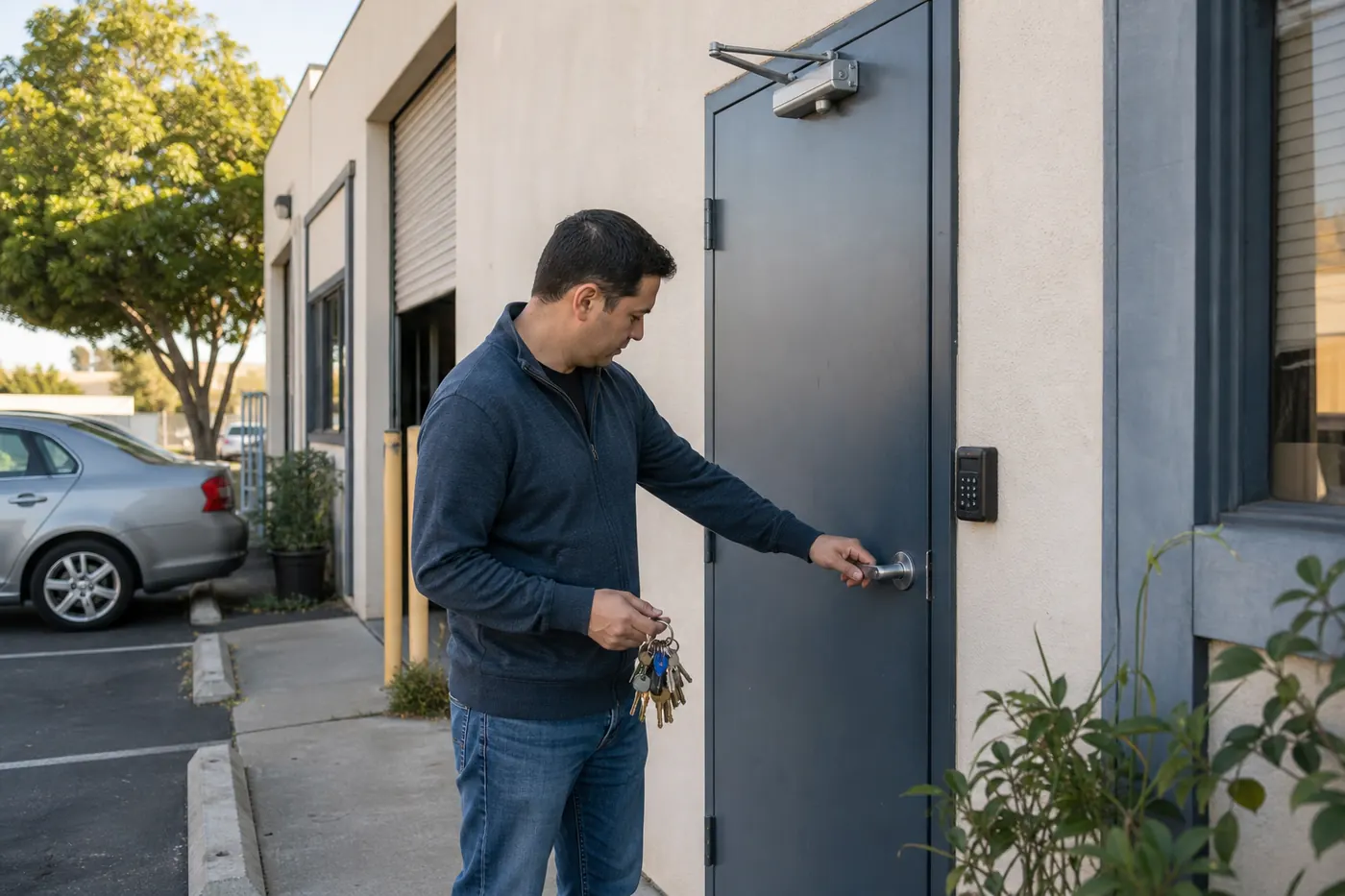 Small business manager checking a commercial door and access keypad before planning managed entry