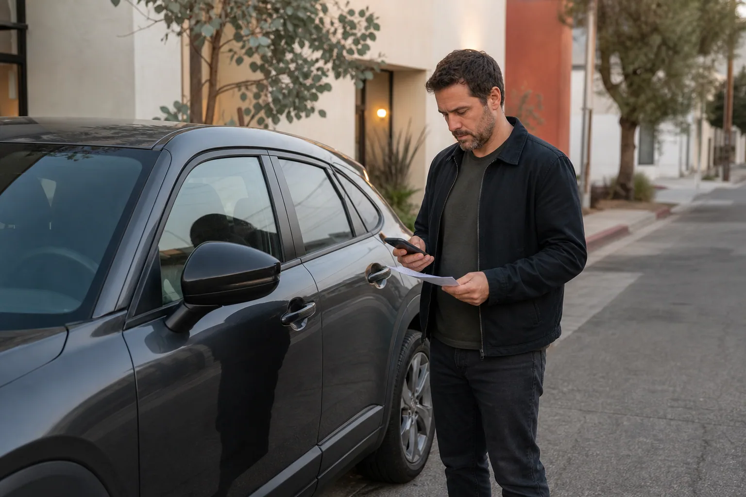 Los Angeles driver checking vehicle information beside a parked car