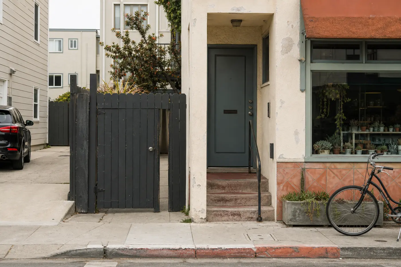 Weather-exposed coastal apartment entry, gate, and small storefront in Venice, Los Angeles