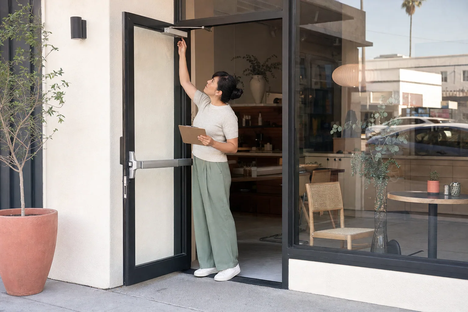 Los Angeles small-business owner checking a storefront door closer and hardware