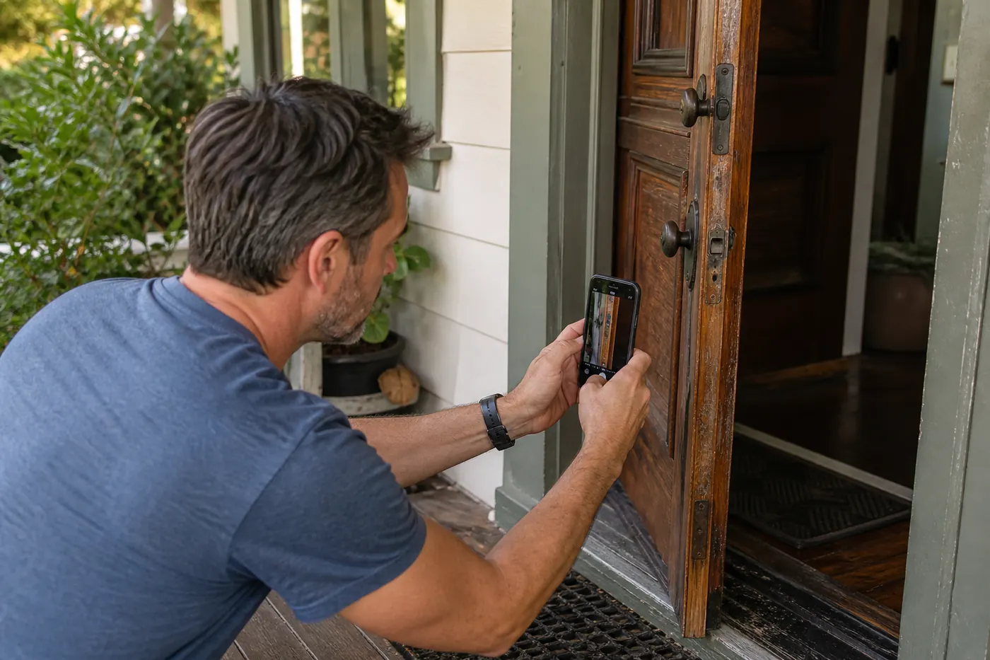 Pasadena homeowner photographing older door-edge and lock details before requesting help