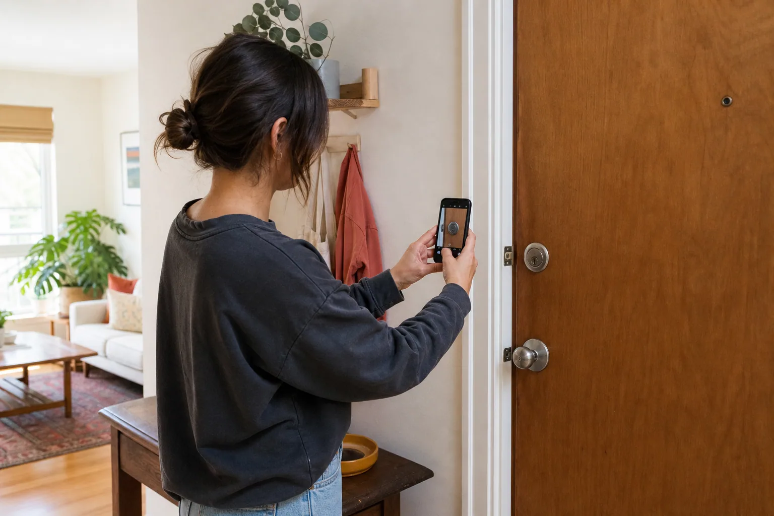 Resident documenting a Los Angeles apartment door and existing deadbolt