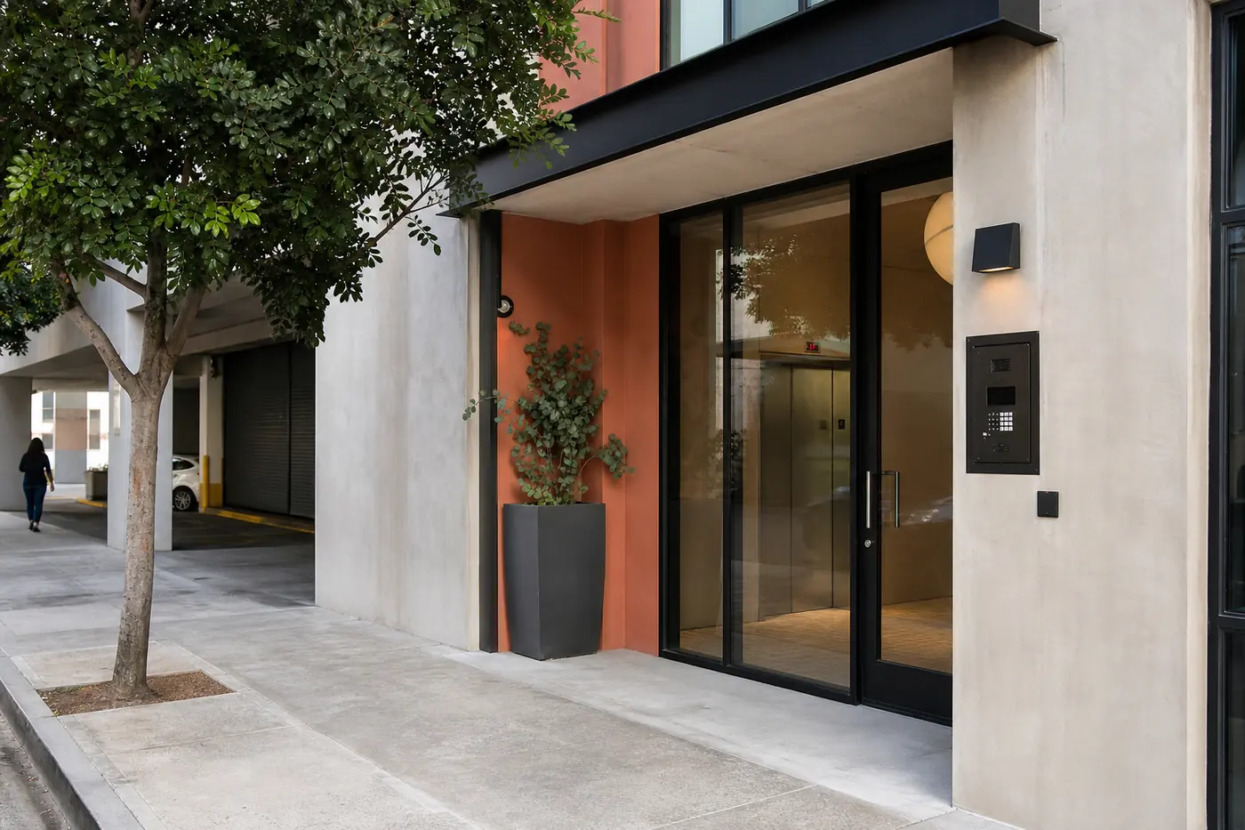 Controlled-access apartment entrance with intercom and garage access in central Los Angeles