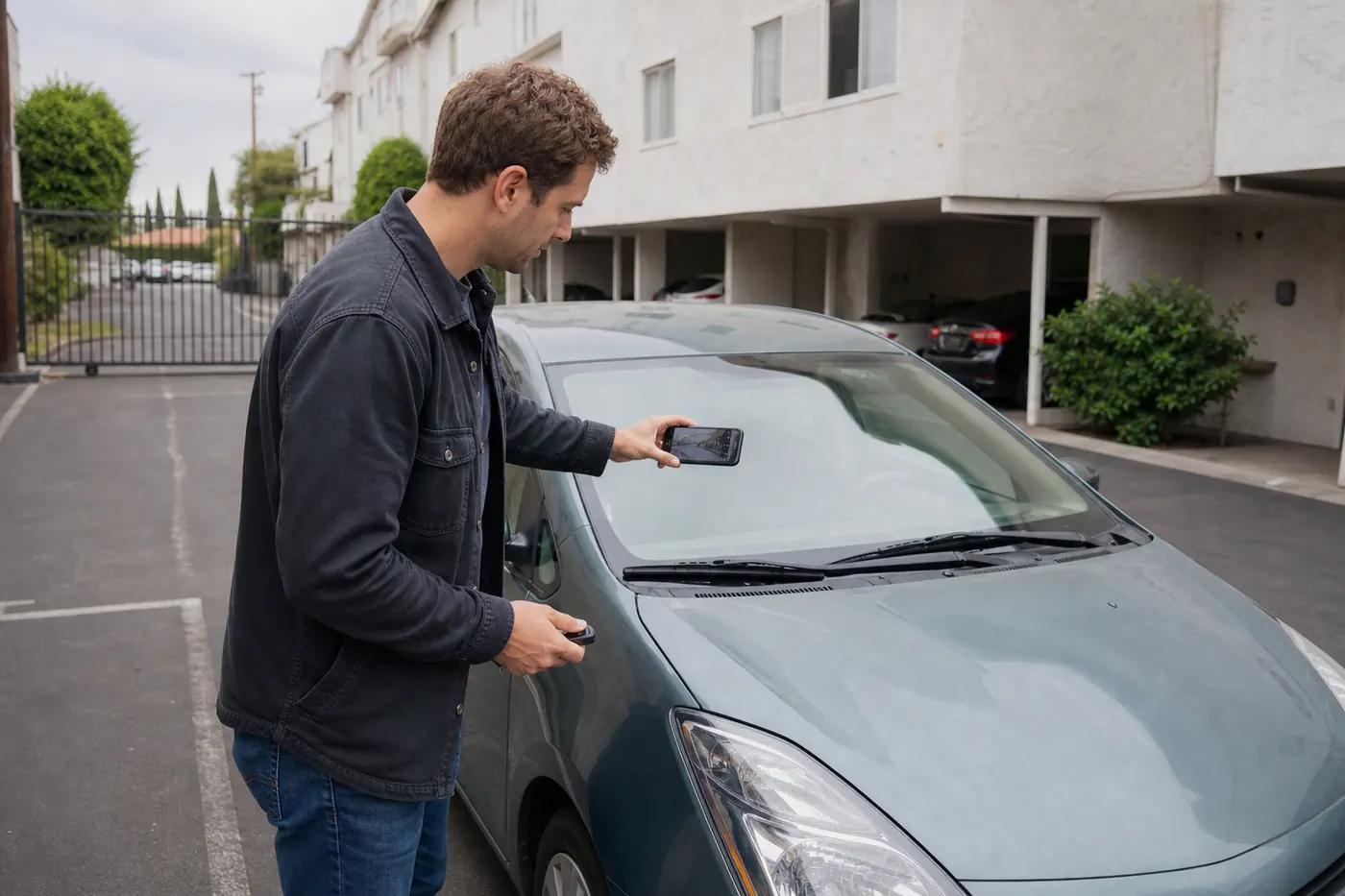 Driver preparing vehicle and key details in a gated West Los Angeles apartment parking area