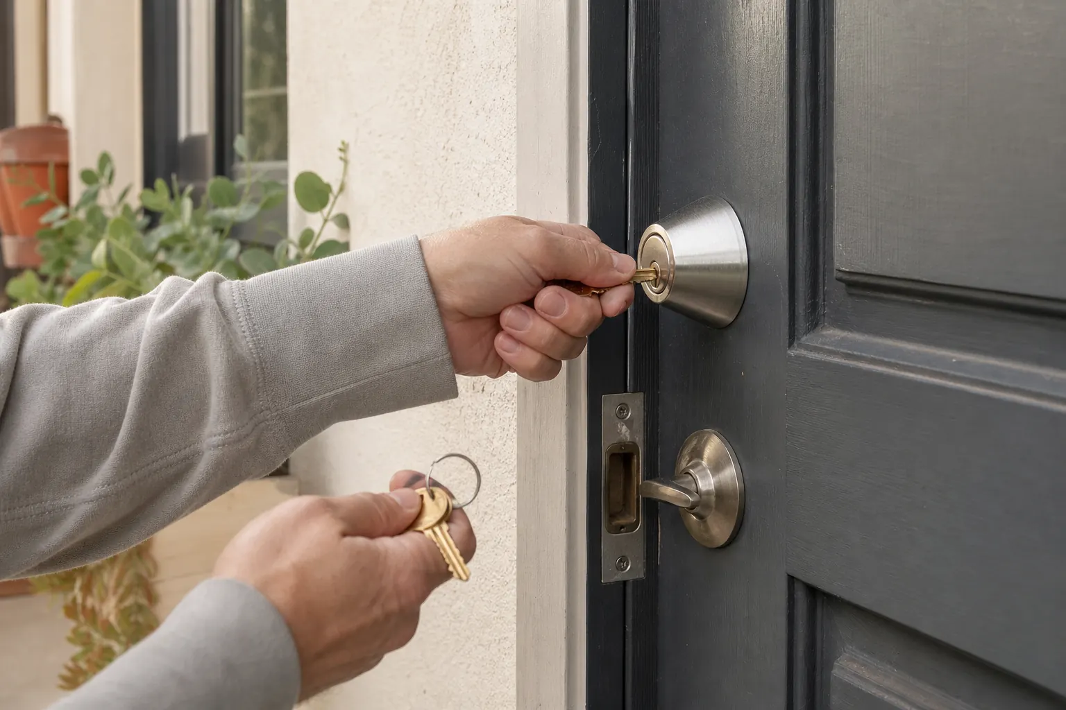 Los Angeles resident checking keys at a residential front door